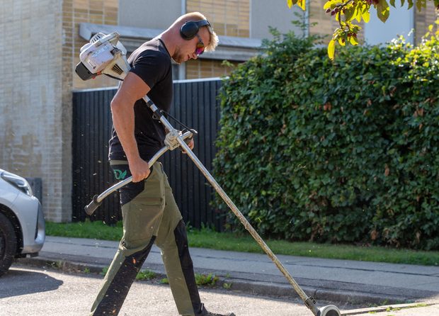 Gartner kanttrimmer græsset langs et hegn